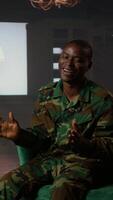 Vertical Counselor offering support to war veteran during therapy session, suffering from bipolar disorder and shell shock. Distraught serviceman dealing with war flashbacks, traumatic experiences. Camera A. video