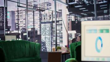 Empty conference room within a corporation designed for productivity, office space used for meetings and collaborations to expand the enterprise. Modern high end workspace within business. video