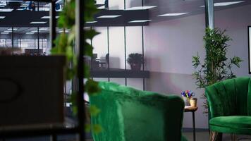 Empty office workspace showcases monitor with research analysis during meetings, running infographics in a high end conference room. Used by corporation staff to develop strategies. video