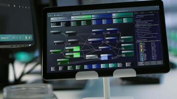 Close up of tablet in high tech data center business used for maintaining network gear. Focus on programming app on device in server farm used to ensure optimal system performance video