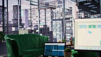 Empty boardroom space within an enterprise designed for productivity, office used for meetings and partnerships to expand the company. Luxurious high end workspace within the firm. video