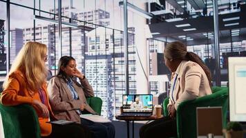 Empowered businesswomen team engage in call with the CEO, discussing career developments and strategies for a global expansion in multicultural work environment. Gender equality. Camera B. video