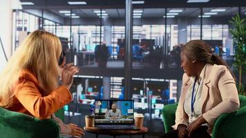 Diverse general managers conducting a call with the shareholder, focusing on data management, project goals and promoting gender equality in a men dominated industry. Camera A. video