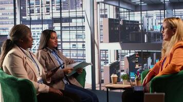 Skilled enterprise leader in a meeting strategizing with stakeholders to discuss ideas for company development. Ambitious diverse women in a men dominated business environment. Camera A. video