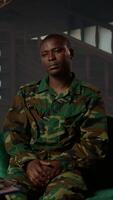 Vertical Psychotherapy session for an armed forces veteran in distress and grief, showcasing therapy for PTSD, trauma and reintegration after combat. Soldier dealing with war flashbacks. Camera A. video