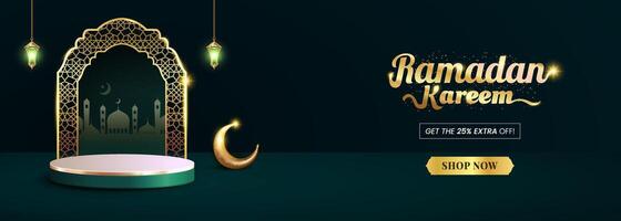 Ramadan sale banner with 3D podium for product display. Realistic illustration. vector