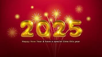 Golden 2025 numbers in a realistic style, accompanied by sparkles and fireworks on a red background. vector