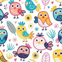seamless pattern with cute birds and flowers vector