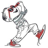 a cartoon boy wearing sunglasses and holding a red shoe vector