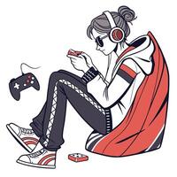 a girl sitting on the floor with a controller and a game controller vector