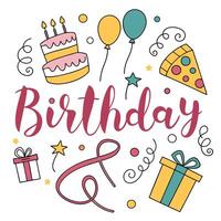 birthday card with colorful objects and the word birthday vector