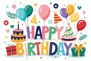 happy birthday card with balloons and gifts vector