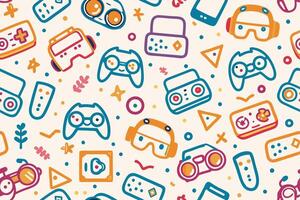 a colorful pattern with game controllers and other items vector