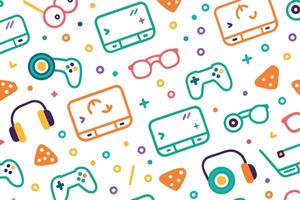 a colorful pattern with game controllers and other items vector