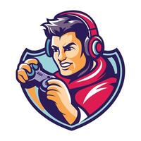 mascot icon game player with controller set inside shield crest on isolated background done in retro vector