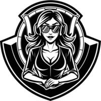 a woman in sunglasses and a black and white emblem vector