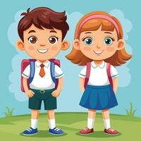 cartoon boy and girl in school uniform standing in the field vector