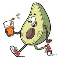 avocado cartoon character running with a glass of juice and a straw vector