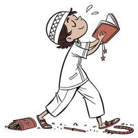 a cartoon boy reading a book while holding a book vector