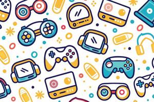 a colorful pattern with game controllers and other items vector