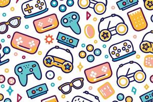 a colorful pattern with game controllers and other items vector