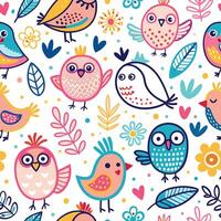 seamless pattern with colorful birds and flowers vector