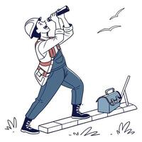 a man in overalls is holding a tool and drinking from a bottle vector