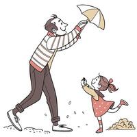 a man and a little girl are playing with an umbrella vector