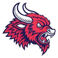 an angry bull head with horns and a red and blue color scheme vector