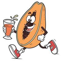 papaya fruit cartoon character running with a glass of juice illustration vector