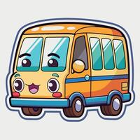 cartoon bus sticker with eyes and smile vector