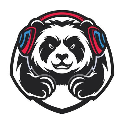 a panda wearing headphones in a shield