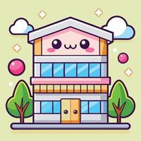 a cartoon building with a cute face and clouds vector