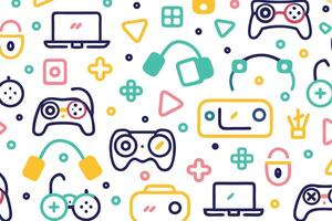 a colorful pattern with various game controllers and other items vector