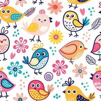 seamless pattern with cute birds and flowers vector
