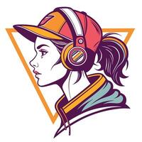 a girl in a baseball cap and headphones vector