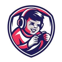 mascot icon illustration of a young boy playing game on a controller set inside a shield vector