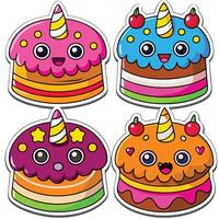 four different cakes with unicorn horns and eyes vector