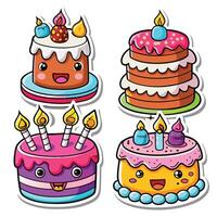 four different cake stickers with candles on top vector