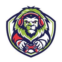 mascot illustration of a lion playing game set inside shield crest on isolated background vector