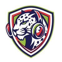 mascot icon leopard with headphones on head viewed from side set inside shield crest on isolated vector