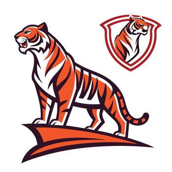 a tiger standing on a rock with a shield in the background vector