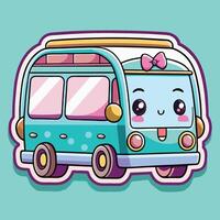 cartoon bus sticker with cute face and pink bow vector