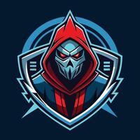 a red and blue hooded man with a red mask vector