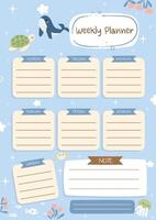 Weekly planner and to-do list with cute sea animals whale, turtle, jellyfish and puffer fish. Organize activities with environmental illustrations. Kids task schedule. vector
