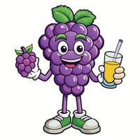 grape fruit mascot cartoon character holding a glass of juice and a juice bottle vector