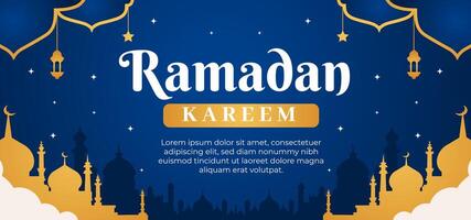 A blue background with gold stars and a banner that says Ramadan Kareem vector