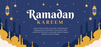 A blue and yellow poster with a starry background and the word Ramadan in white vector