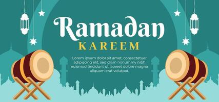 A blue background with two drums and a banner that says Ramadan Kareem. The drums are on a stand vector