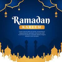 A blue and gold background with a blue and gold text that says Ramadan Kareem vector